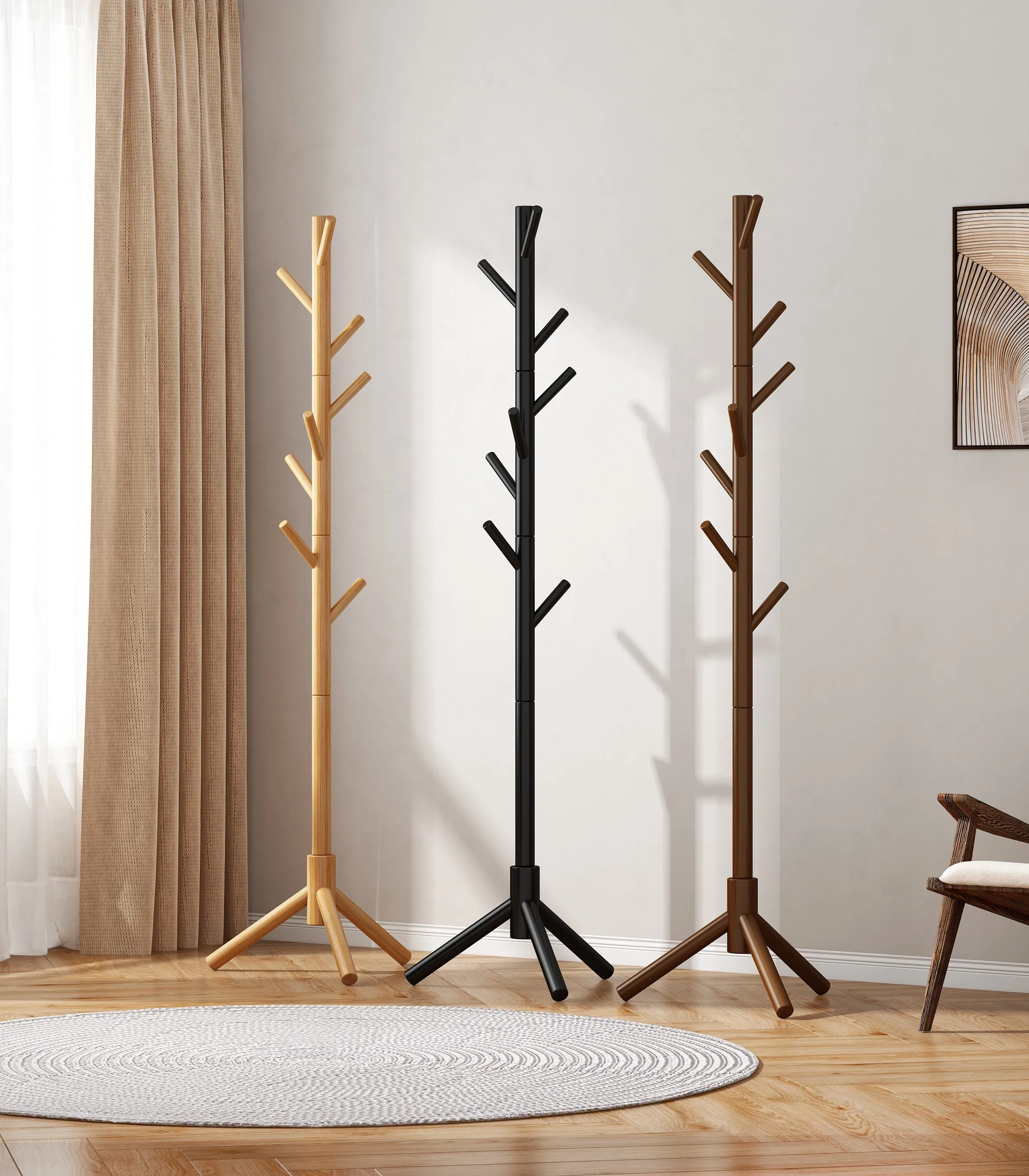 KSKSPE Bamboo Wood Free Standing Wholesale Bedroom Living Room Furniture Modern Wooden Stand Standing Hanger Coat Rack
