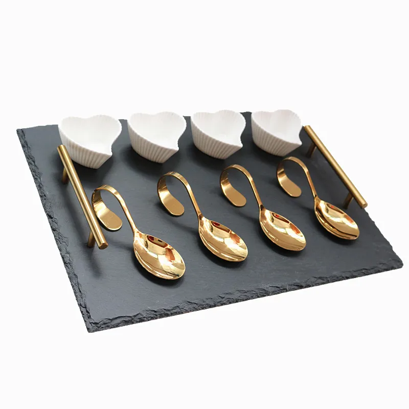 Mail order western style shrink wrap golden spoon golden handle pizza steak slate plate set slate serving board