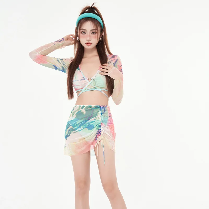 2023 New Summer Beach Style Sexy Ladies Pink Colorful Bikini Four-Piece Sun Protection Swimwear Sweet Bikini