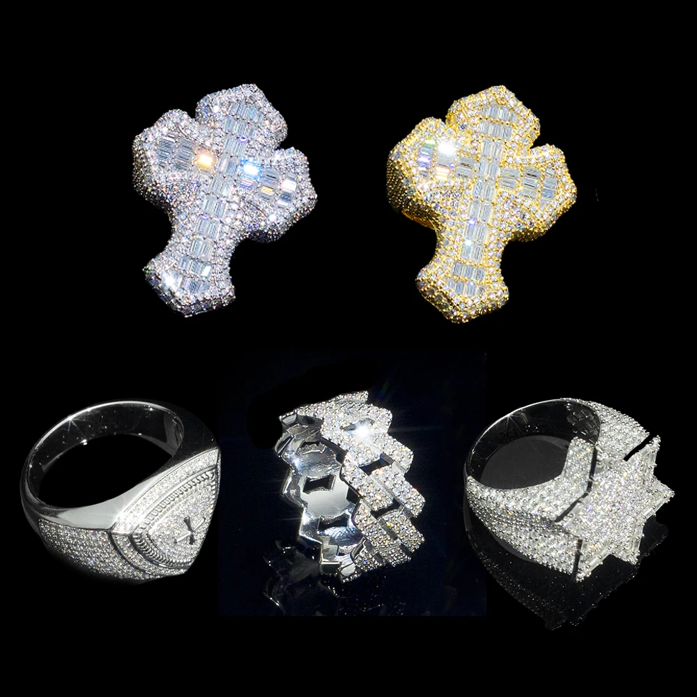 Wholesale 14K 18K Gold Vvs Moissanite Cross Men Ring Hip Hop Style Iced Out 925 Silver Diamond Cuban Link Six-pointed Star Rings