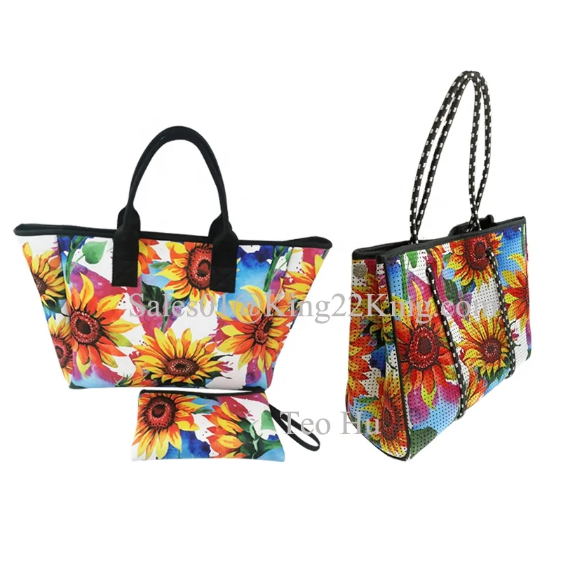 Fancy Custom Design Women Portable Traveling Handbags Hand Bags Large Capacity Neoprene Ladies Bag Shopping Beach Tote
