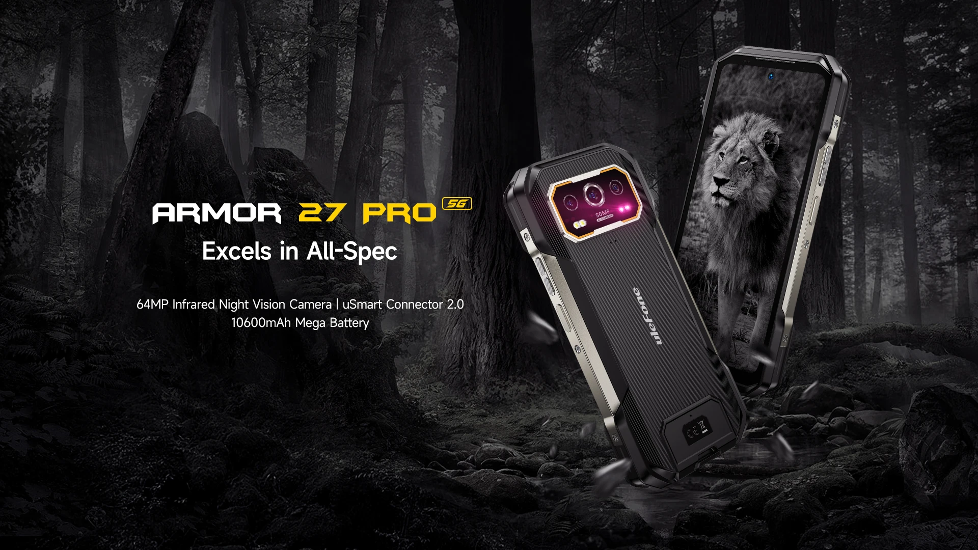 Ulefone Armor 27 Pro 5 г прочный смартфон 6 78 дюймов 12 + 256 ГБ 50MP Основная камера ночного видения 64 Мп 10600 мАч Android 14 мобильный