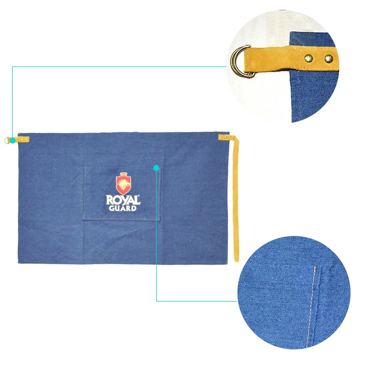 High Quality Heavy Duty Vintage Jean Waiter Apron Jean Barmen Apron Denim Waist Waitress Half Apron With Leather Strap