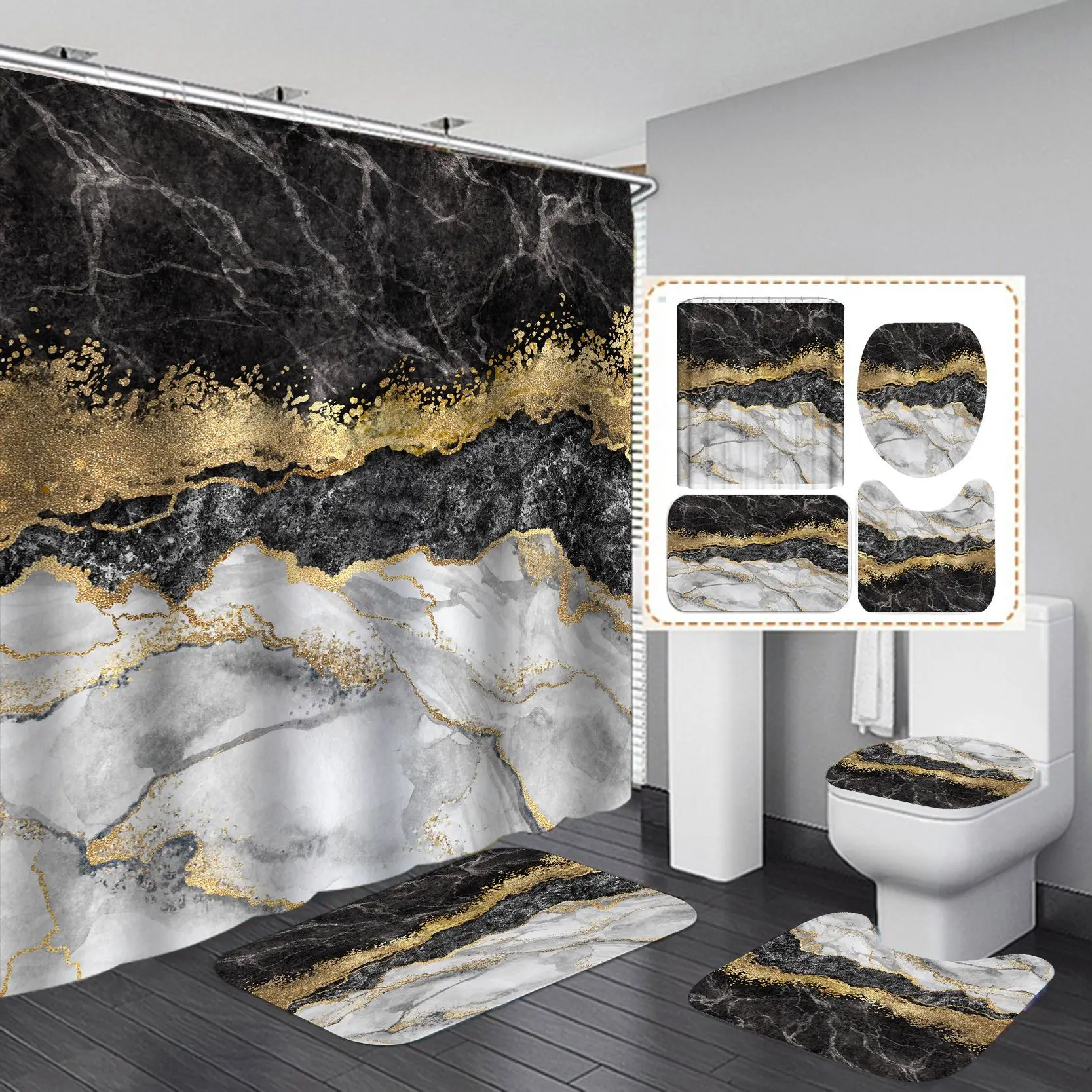 Designer Art Marble Print Shower Curtain Bath Mats Set Waterproof Toilet Cover Toilet Rug Polyester Fabric Shower Curtains