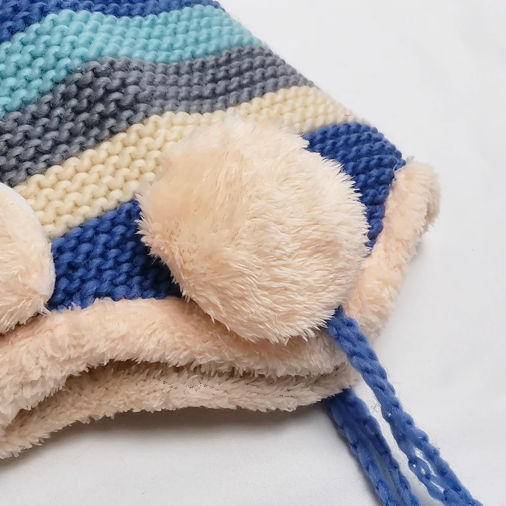 Ear Muffs Winter Baby Hat Best Sale Child Kids Fleece Bonnet Thick Cotton Yarn Knitted  Beanie Hats Pom Pom Woolen Caps