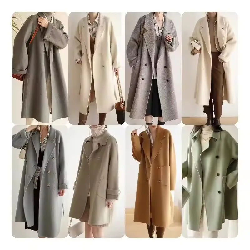2024 Women Cashmere Long Coat Elegant Turn Down Collar Woolen Coat With Belt Open Stitch Design Winter Warm Coat Casaco Feminino