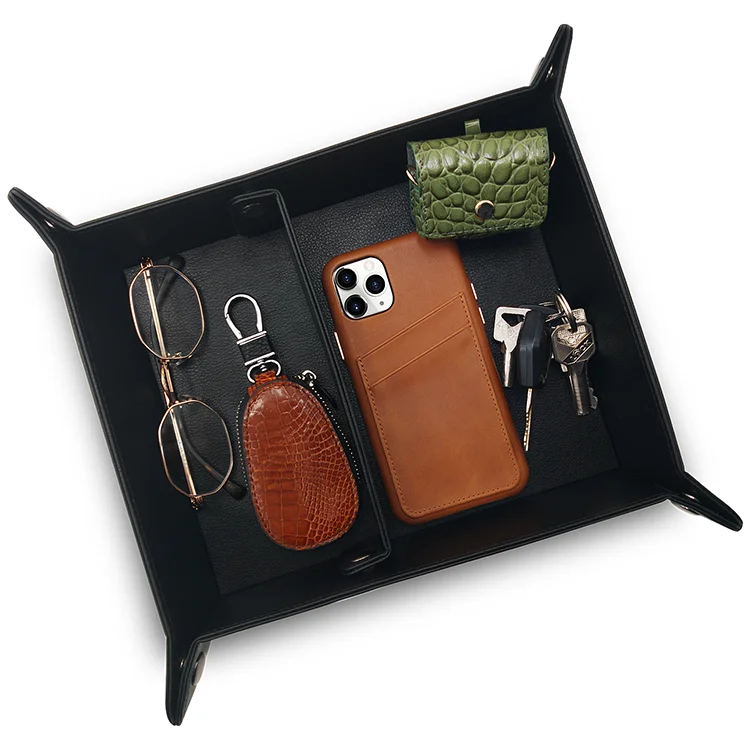 High Quality Black Vegan Leather Valet Tray Practical Storage Box Jewelry Organizer