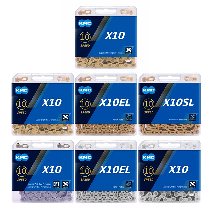 KMC High Quality Aluminum Alloy Silver Gold Wholesale Series 10 Speed Bicycle Chain MTB Road KMC X10 X10SL X10EL 116L Bike Chain