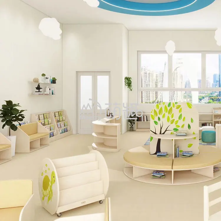 Moetry Fashion Design Wooden Childcare Furniture Kids Classroom Reading Area School Library Bookcase Forest Theme