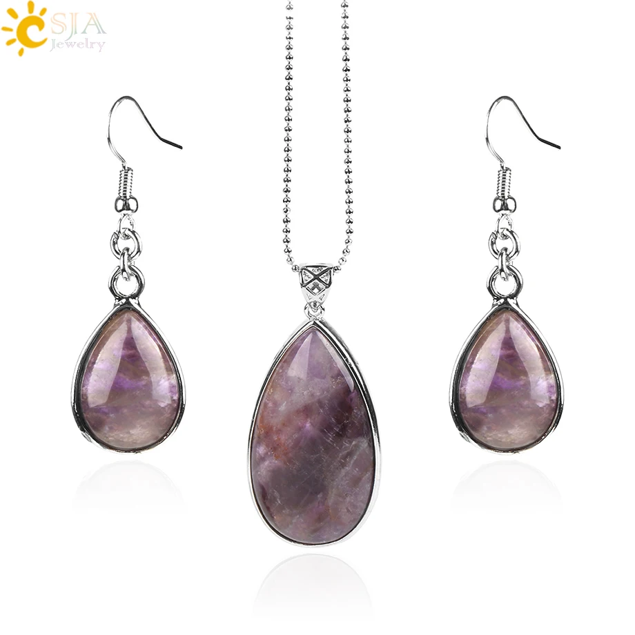 CSJA wholesale natural gem stone water drop necklace earring set lapis lazuli amethyst chakra healing boho jewelry sets E567