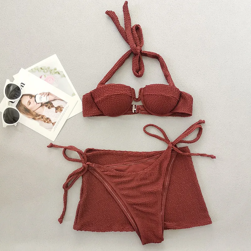 High Quality Wholesale Ribbed 3 Pieces Triangle Women Bikini Set Swimwear with Cover Up