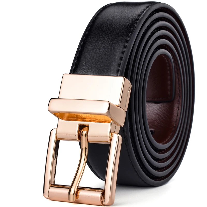 Female Belt Gold Buckle New Design 2.8CM black and Coffee Reversible Genuine Leather Belts for Women with Rotated Buckle