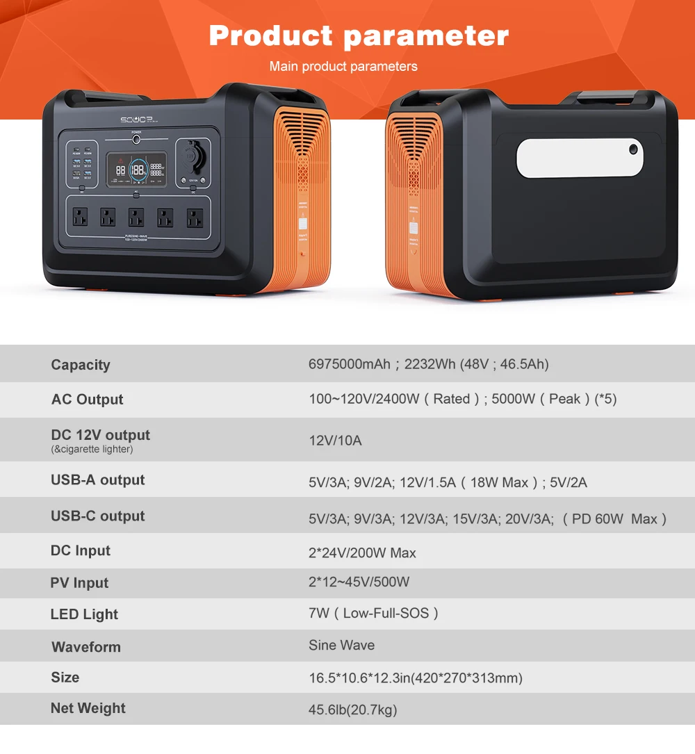 ODM OEM 2400W Tragbare Kraftwerk Outdoor Camping LiFePO4 Battery Portable Power Station 110V Peak Power Solar Generator 5Kw