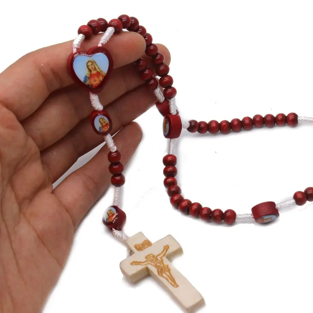 Christ Jesus Wooden Beads Rosary Bead Cross Pendant Red Chartlet Chain Necklace Religious Jewelry