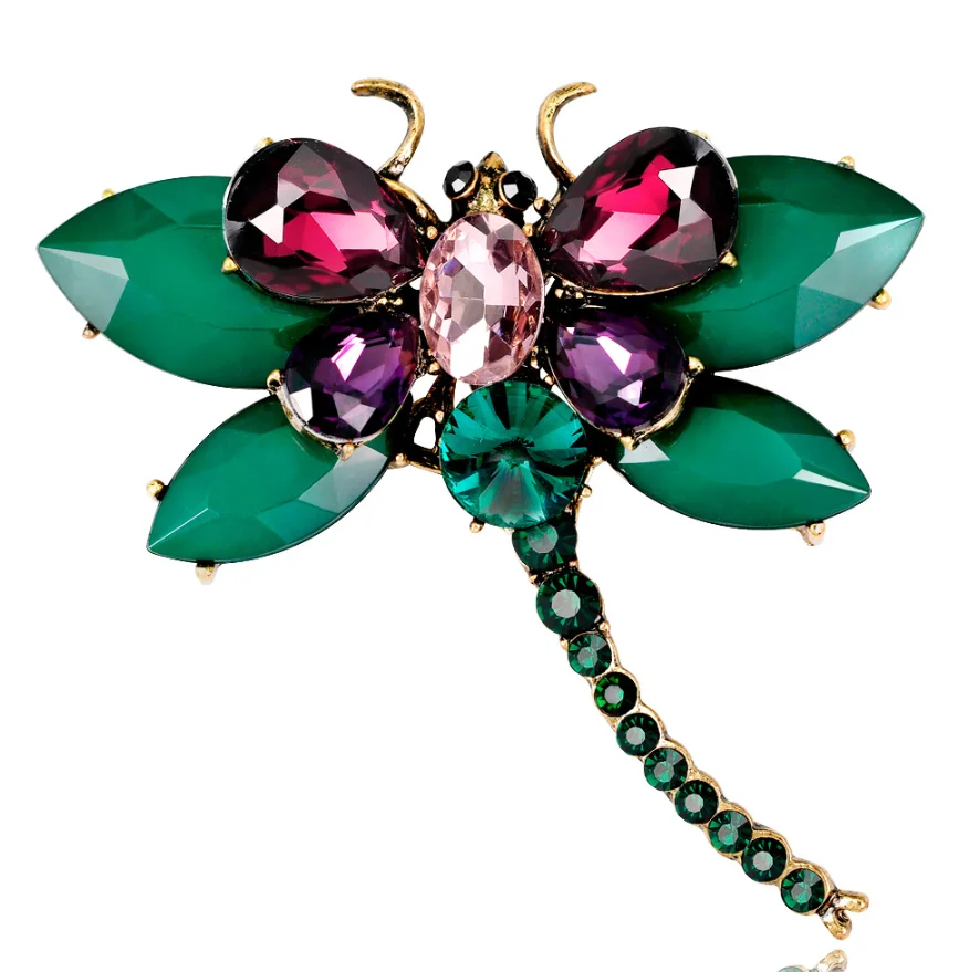 
Amazon Hot selling fashion tempered alloy rhinestone glass crystal awesome colored gemstone insect dragonfly brooch for women 