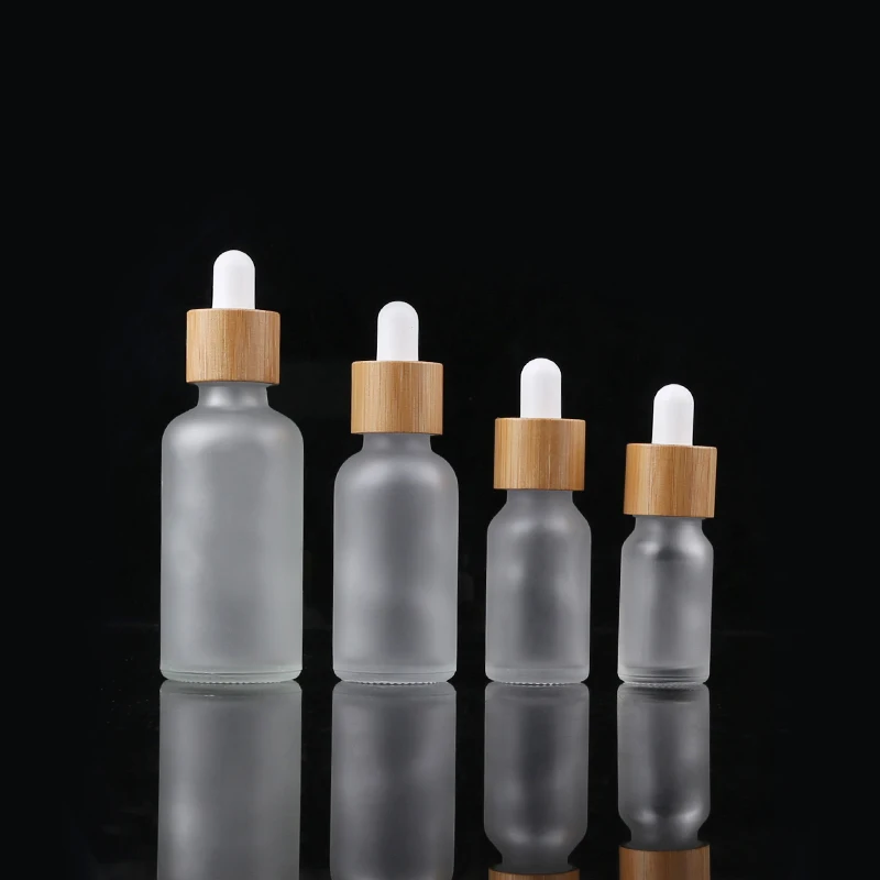 High Quality Frosted Glass Dropper Bottle Perfume Sample Vials Liquid Cosmetic Bamboo Lids Essential Oil Bottle Jars With Eye Dr