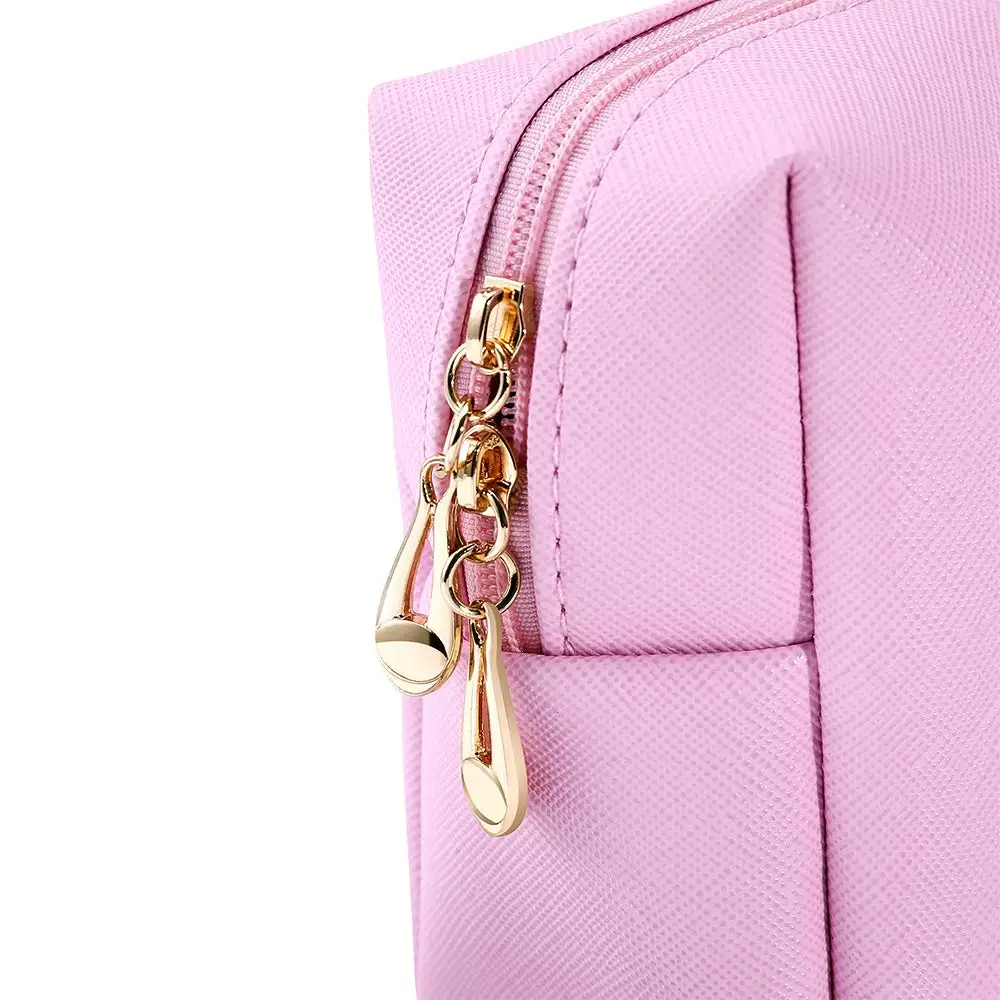 Hot women beauty Pink Saffiano PU Leather Pochette with Double Gold Color Metal Zipper Puller Waterproof Cosmetic Bag