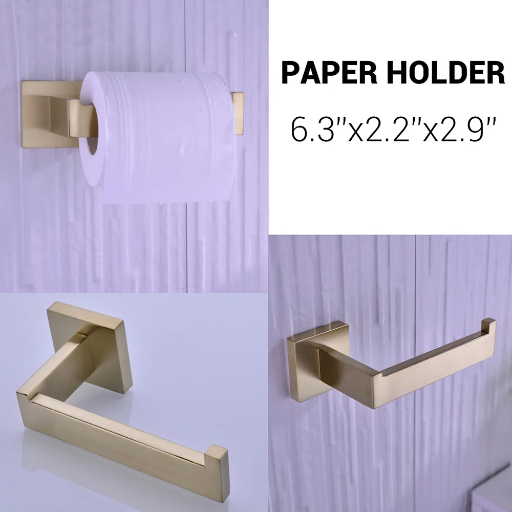 Brushed Gold 5 PCS Paper Holder Towel Bar Robe Hook Stainless Steel Black Bathroom Accessories Set