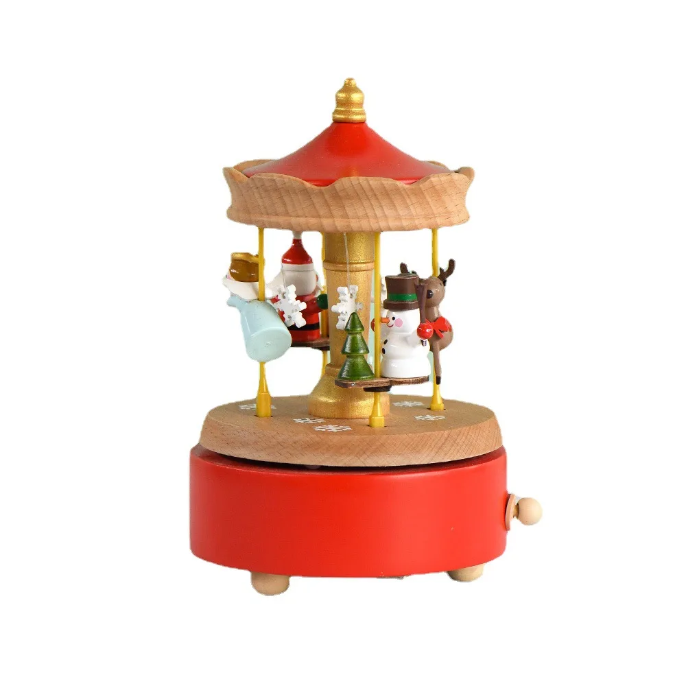 Handmade Christmas Gift Beech Wood Mechanical Winding Music Box with Rotating Music for Holiday Decorations
