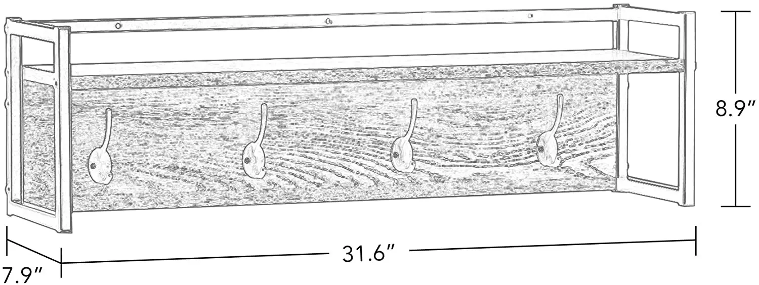 Combohome Entryway 4-Hook Metal Frame Wall Shelf Bathroom Wall Rack Wooden Clothing Shelves Bedroom Coat Rack