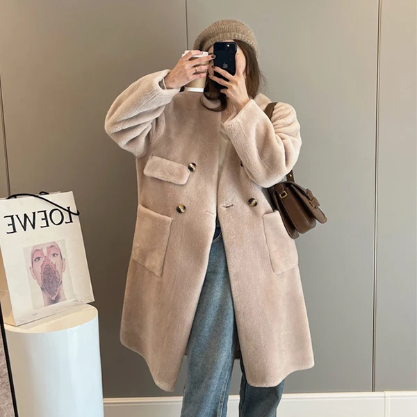 Manufacturer Women V Neck Coat Double Korean Fashion Fur Jacket Woolen Shearing Sheep Fur Loose Fit Winter Long Coat