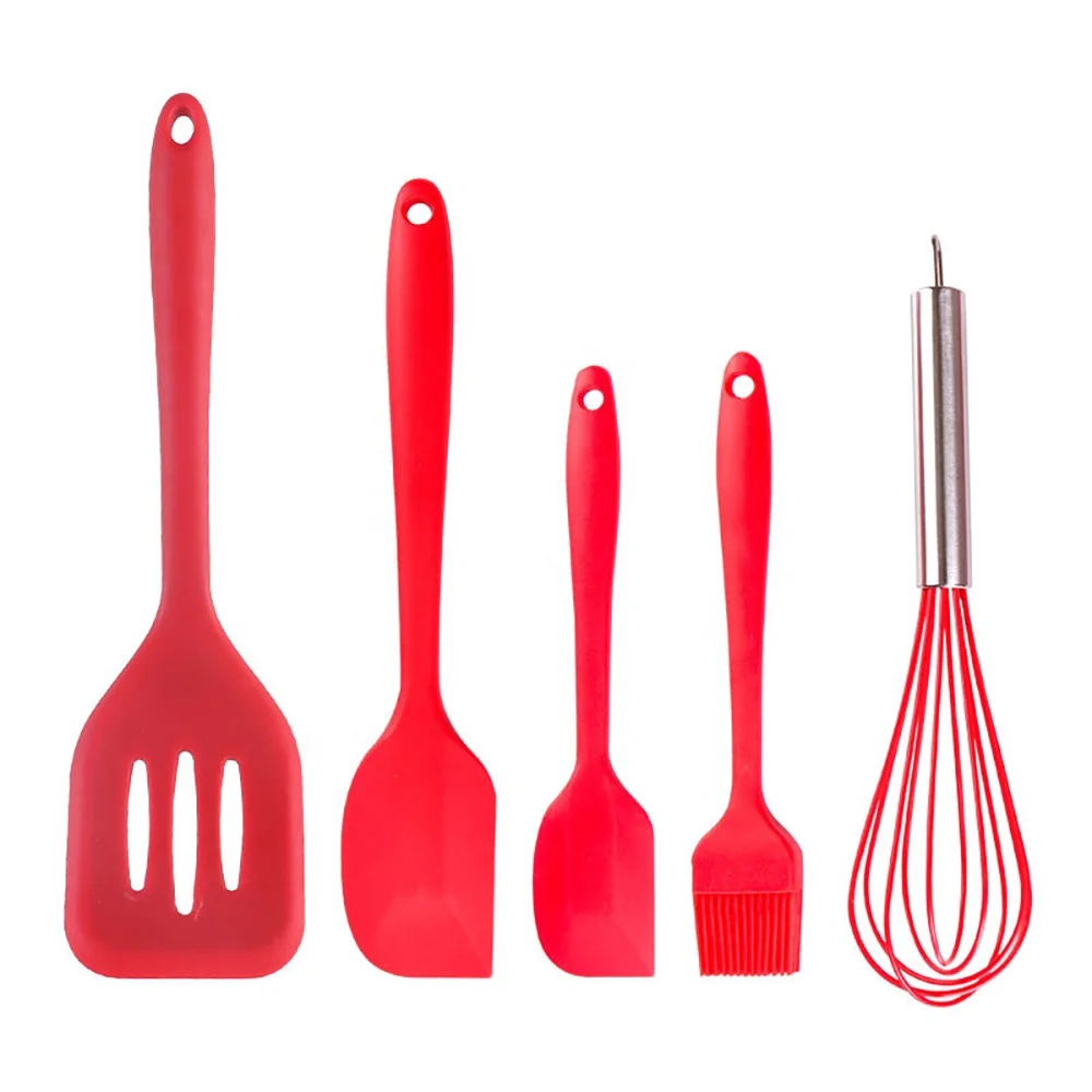 
2021 Amazon Hot Sale Kitchenware Rose Gold Spatula Eggbeater Shovel Food Clip Silicone Baking Tool 5-piece Set 
