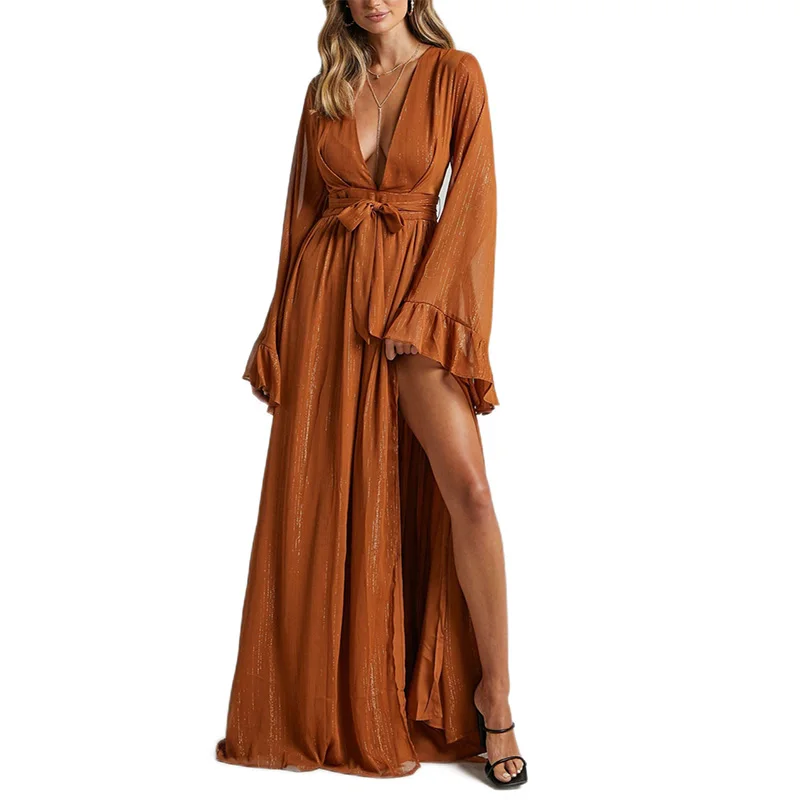 Chinese Manufacturers High Quality Chiffon Flounces Sleeve Ruffled Deep V Neck Bohemian Maxi Dresses Sexy Clothing Women