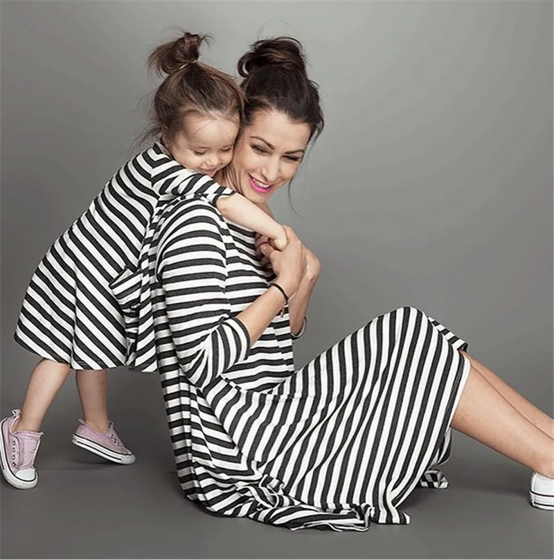 
Bulk sale Family Matching Clothes Stripe Round Neck Mommy And Me Dresses 