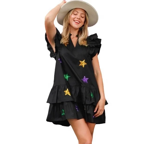Mardi Gras Lady Summer Ruffle Dress Woman Gold Purple Green Star Sequin Patch Beach Dress