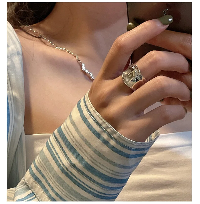 Irregular Heavy Folds Convex Surface Personality European and American S925 Sterling Silver Rings