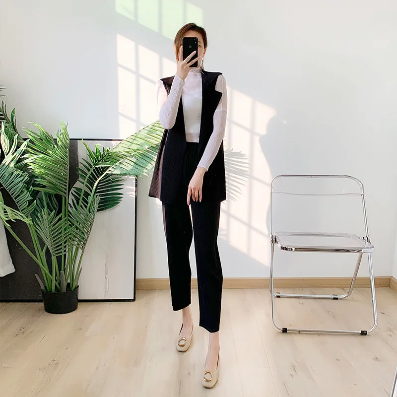 FXZ Miyake Pleated Thick Material Suit 2022 new design single-button long waistcoat loose radish pants pleats two-piece set