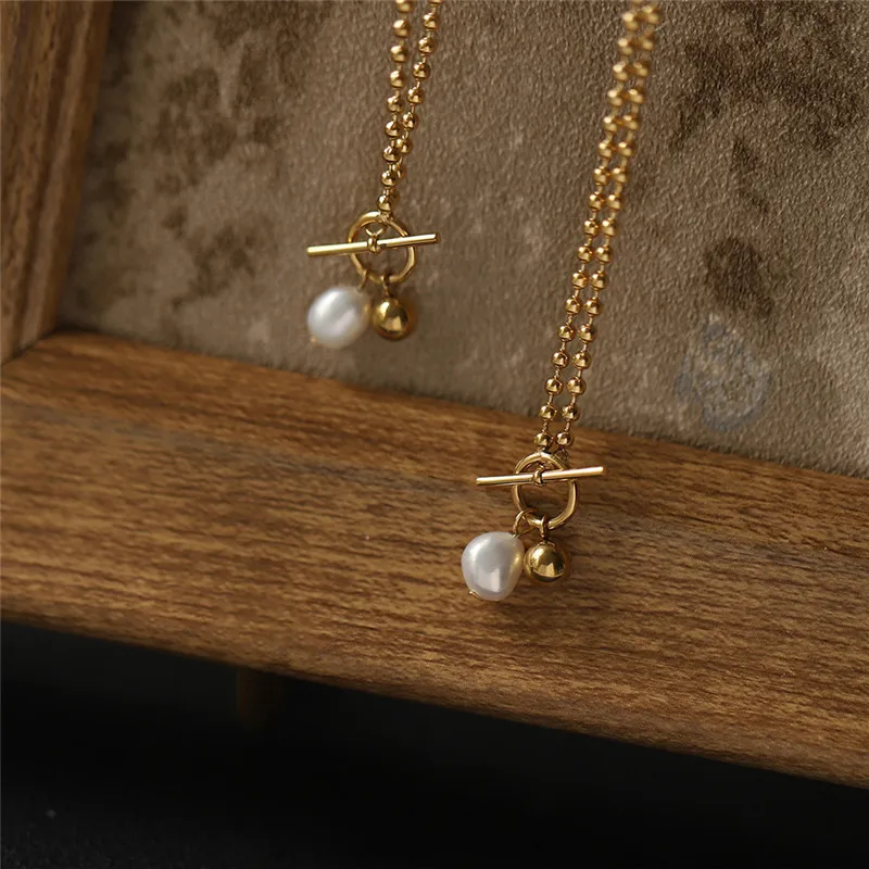 18K Gold Stainless Steel Jewelry Single Freshwater Pearl Round Beads Choker Necklace OT Buckle Necklace