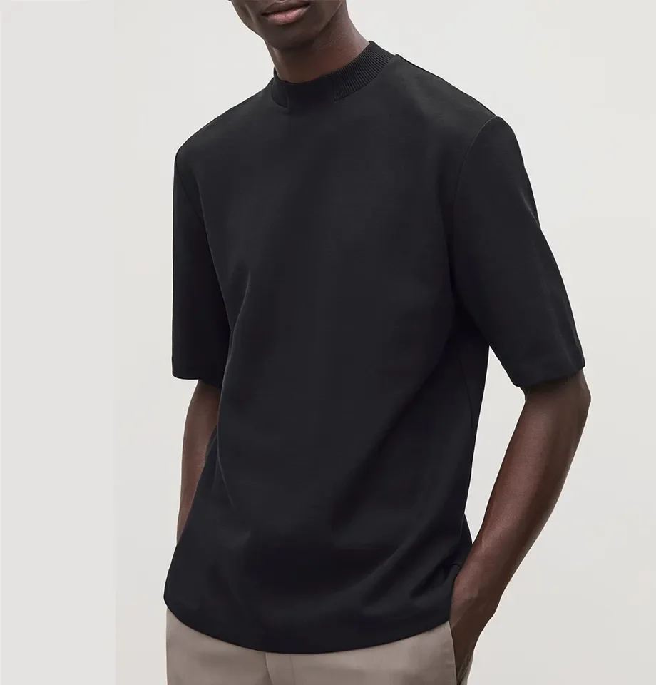 2023 Thick Cotton Soild Color T-shirt Short Sleeve Square Shoulder Mock Neck T Shirt