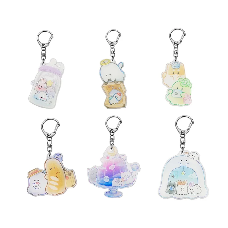 Оптовый изготовленный на заказ акриловый голографический прозрачный брелок для ключей с мультяшным забавным маленьким котом-призраком маленький Подарочный Брелок Кулон