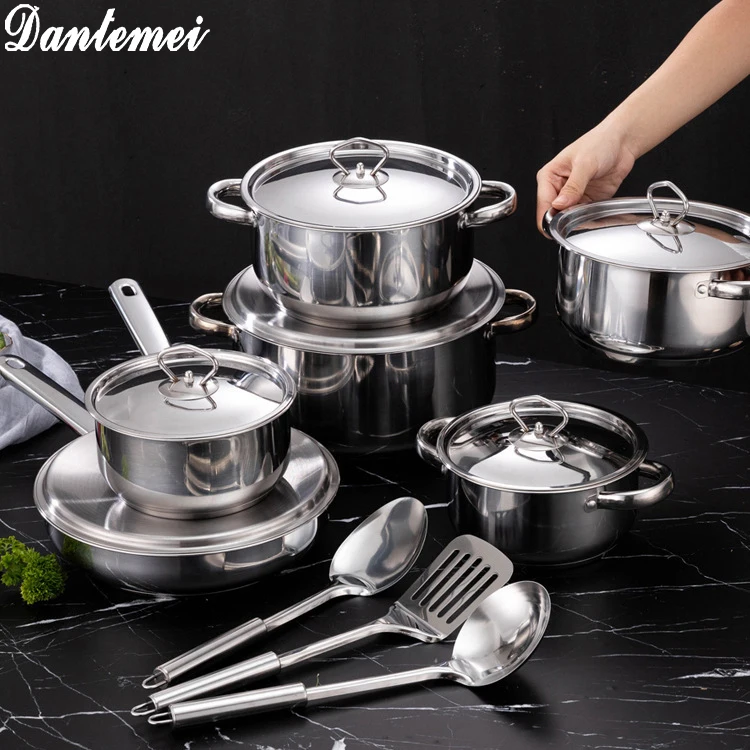 Most Popular 15PCS Kitchenware Sets 410 Stainless Steel Cooking Pot Set Kitchen Cookware Set