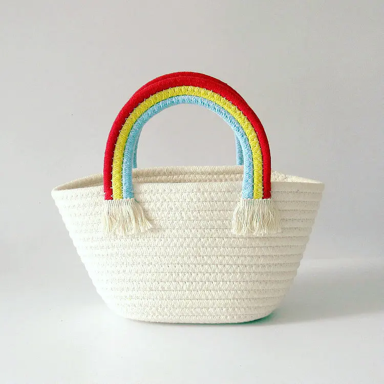 Wholesale Women Summer Beach Solid Color Stripes Pattern Rainbow Handle Straw Woven Handbags