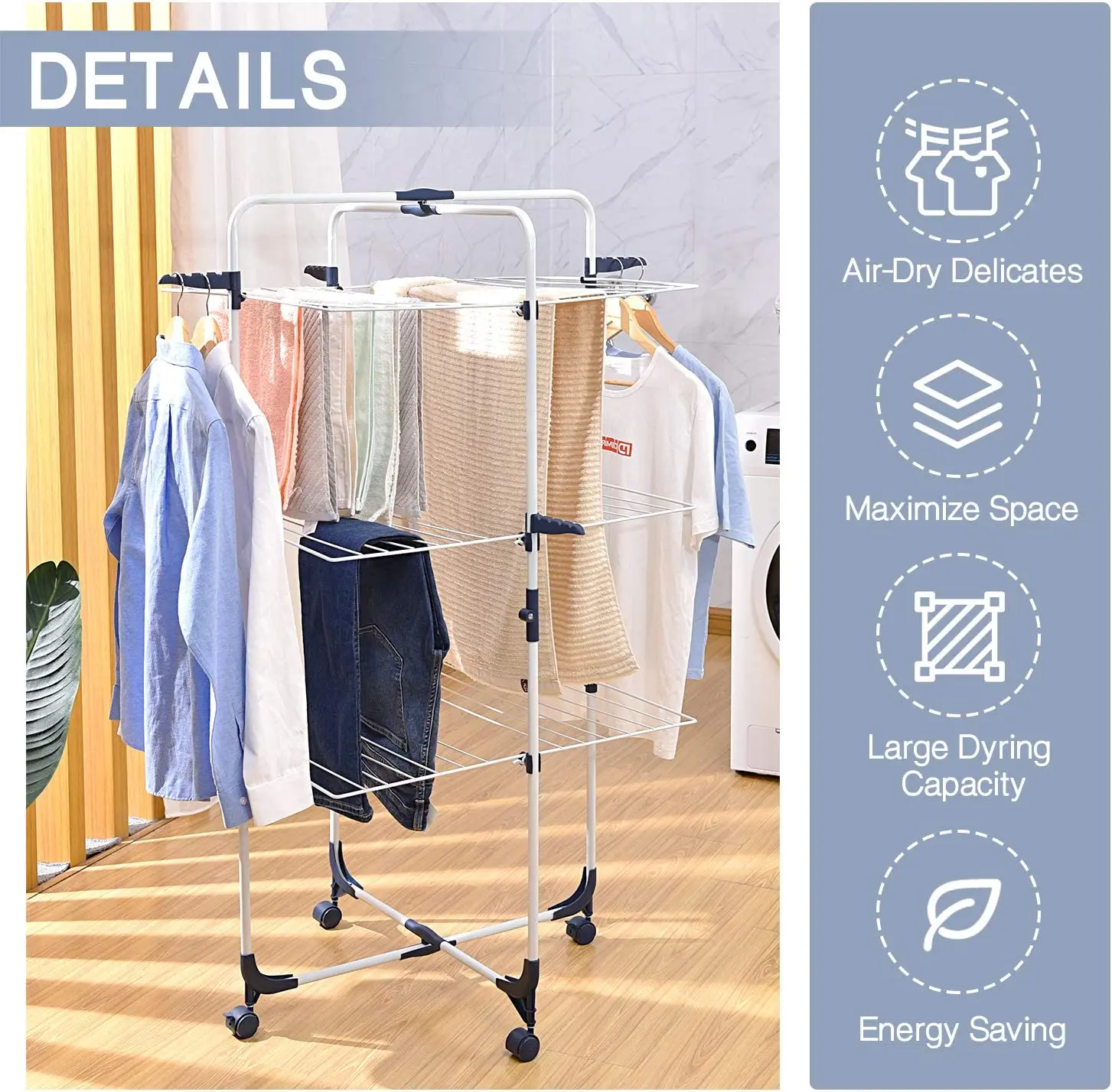 Wireking 3-Tier Cloth Hanger Foldable Baby Clothes Rack Moving Shelves Standing Type Bathroom Hanging Drying Clothes