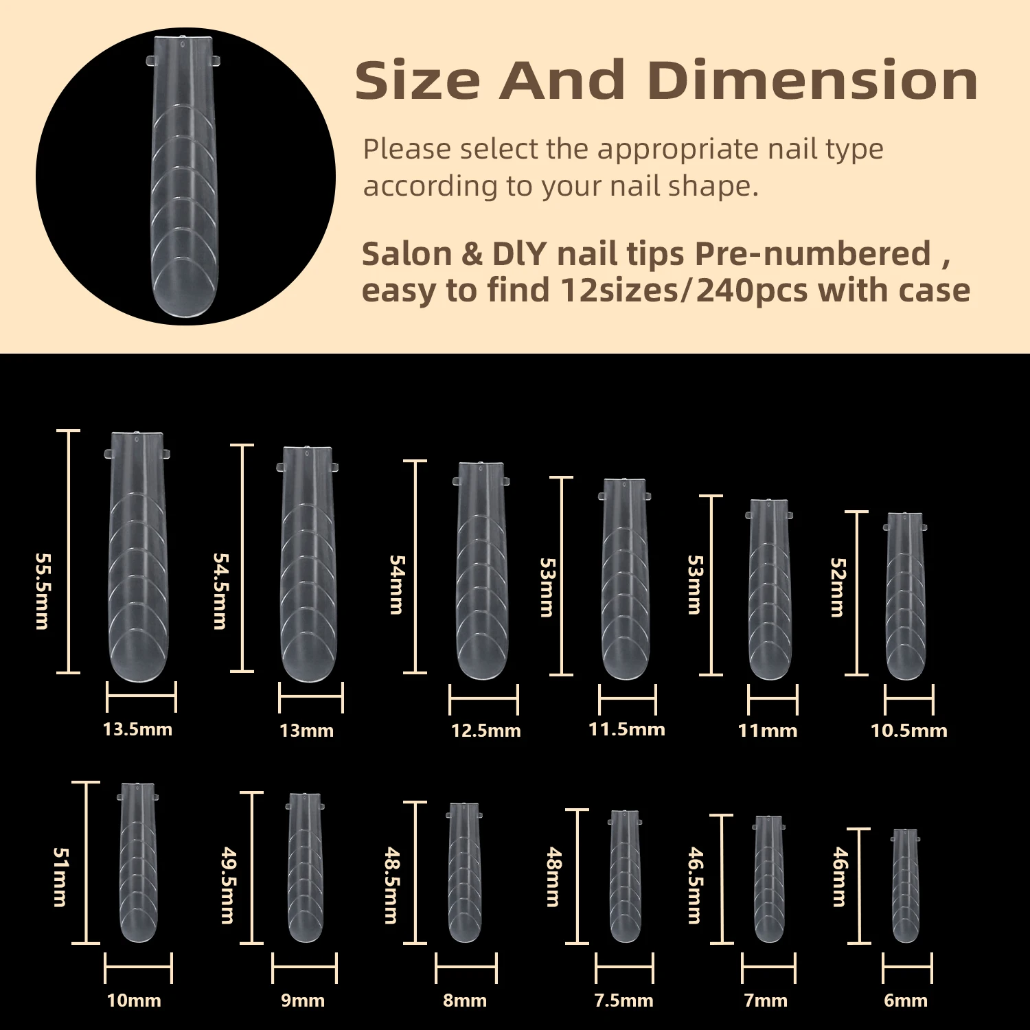 2024 New 120-Piece Double Shape ABS Acrylic Nail Tip Extension 12 Sizes Almond Artificial Finger Model Home Fashion Salon Design