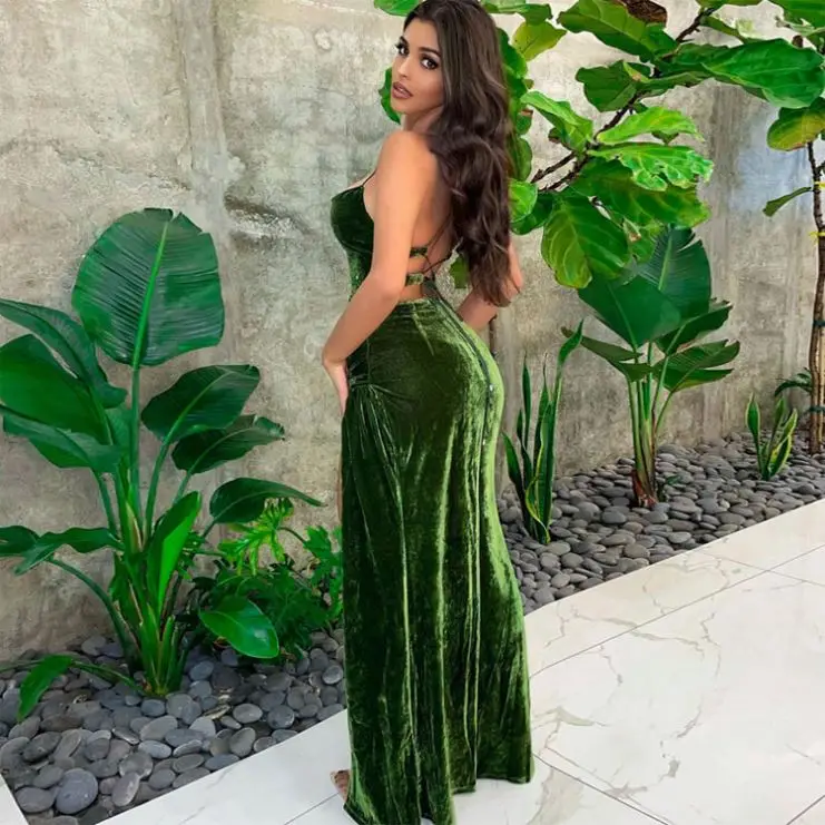 Fashion Sexy Bodycon Lace Split Dress Elegant Party Velvet Backless Bandage Dresses