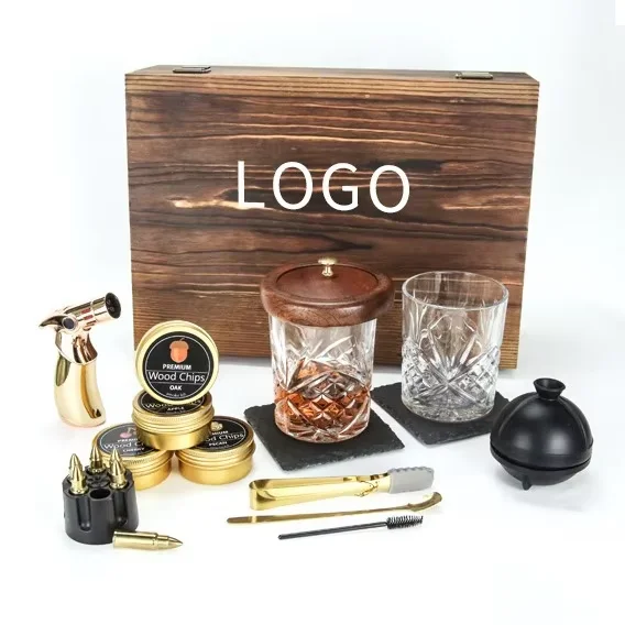 Cross-border beech wood box cocktail smoker gift box set bar bartending whiskey ice wine stone can be customized