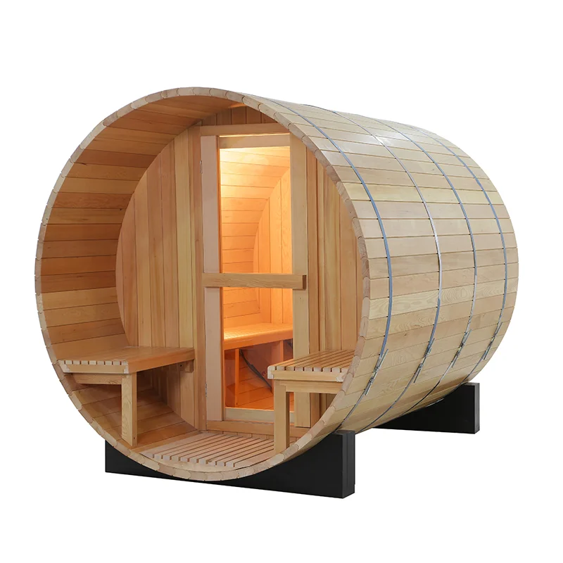 Cedar Outdoor Solid Wood Barrel Sauna Room Luxury Home Spa Experience 4-6 Persons Finnish Pine Red Modern Style Dry Steam Stove