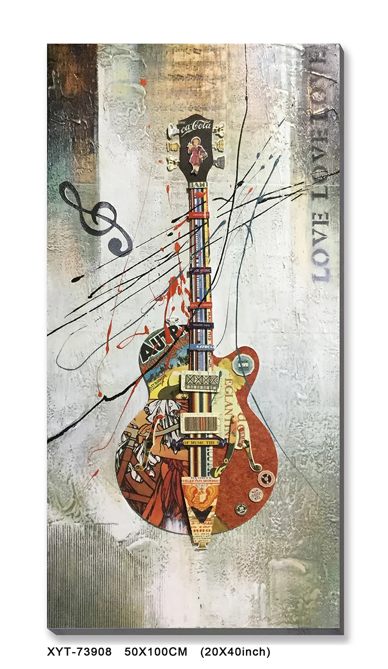Home decor Abstract background oil Painting on canvas with black guitar paper collage art
