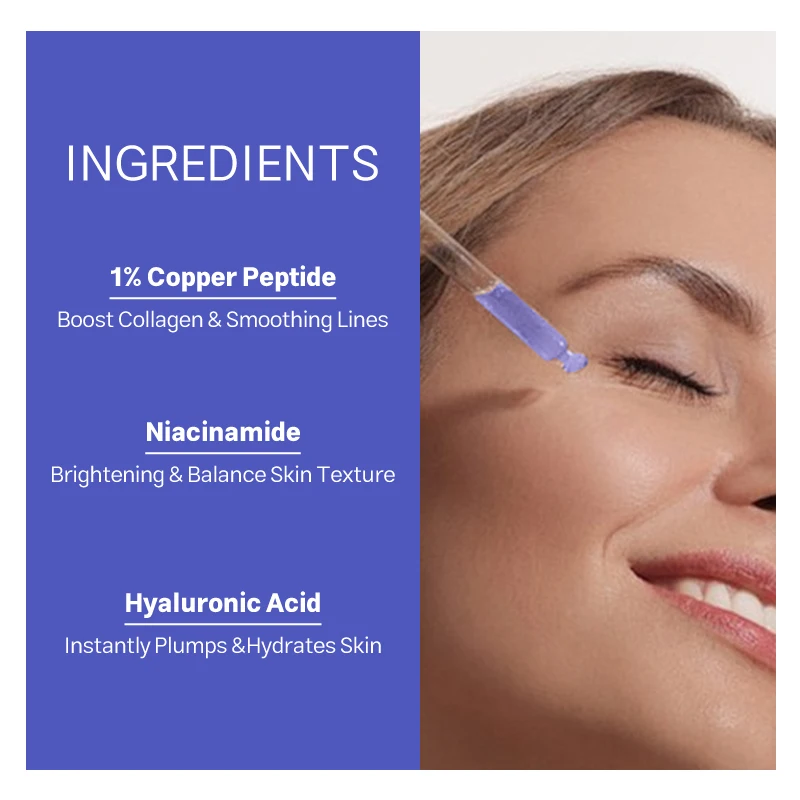 Private Label Copper Peptides Serum for Face Hyaluronic Acid Reduces Fine Lines Wrinkles Plumping and Radiant Skin OEM Custom