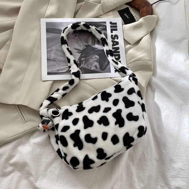New Hot Popular Fur Handbags Fashion Girls Cow Milk Print Soft School Bag Tote Student Mini Crossbody Designer Handbags