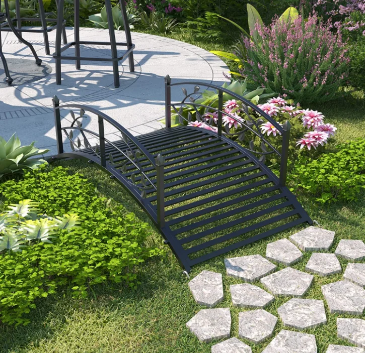 4 Ft Black Leaf Design Garden Metal Arch Bridge Backyard Iron Bridge Footbridge with Security Guardrail Backyard Decor