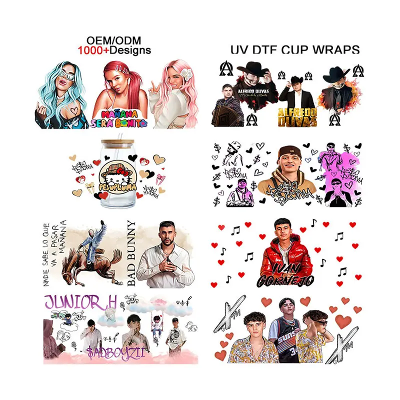 Top sell uv dtf cup wraps mexican rapper singer waterproof sticker custom high quality uvdtf transfers print for cups pens