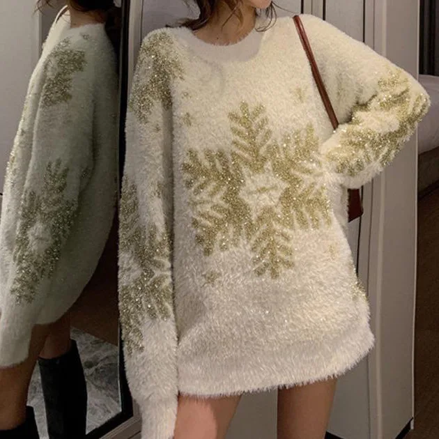 Brand custom logo Christmas sweaters snowflakes pattern jacquard design shiny pullover round neck family Christmas sweater