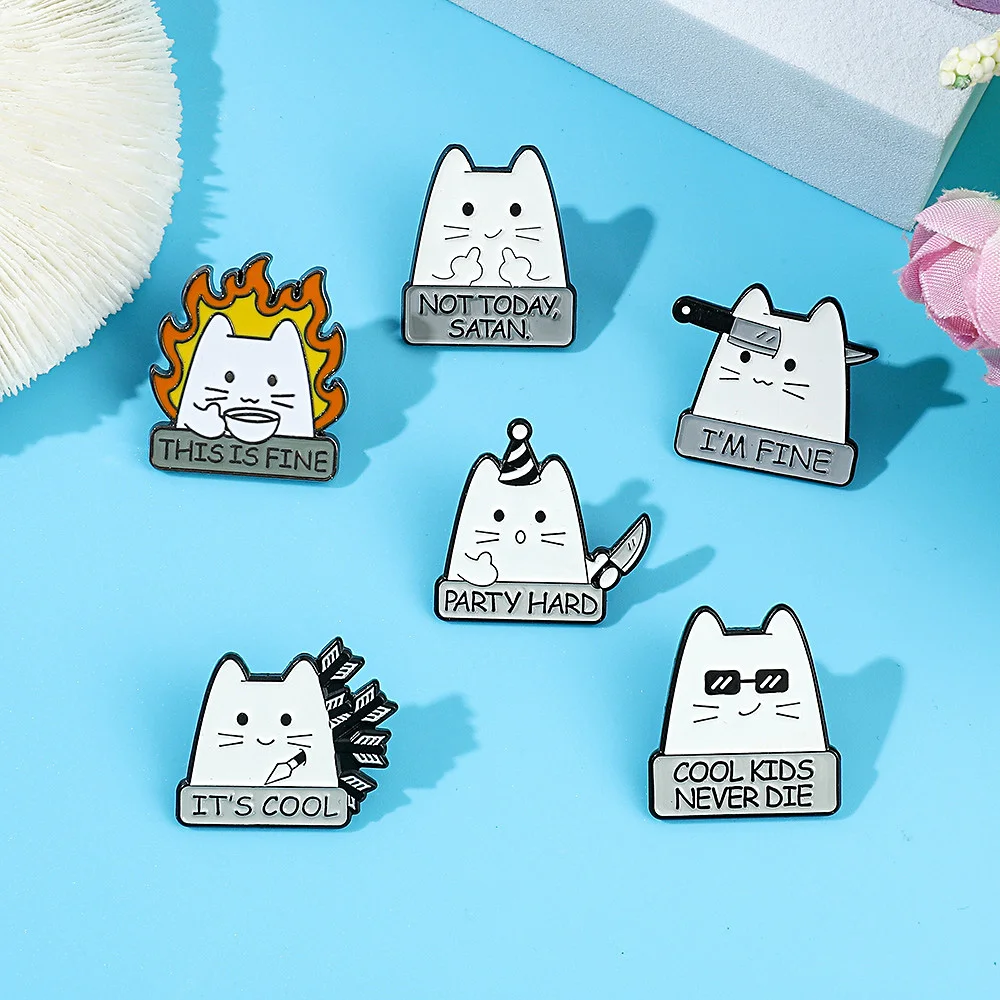 Wholesale Cartoon Quirky White Cat Metal Badge Cute Lapel Pin Personality Alloy Paint Brooch