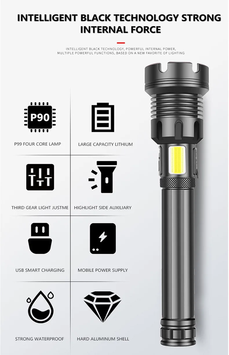 XHP90 COB torches led super bright flashlight long range 500M powerful 450-3800LM USB interface waterproof handheld flashlight