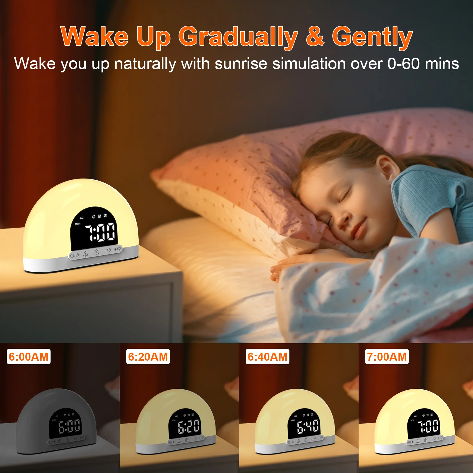 2025 Hot Selling Smart Wake Up Light  Kids Adults Bedroom Sunrise Simulation Sound Table Clock sunset